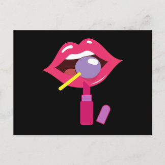 Lollipop red lips. Girly lipstick makeup candy Postcard