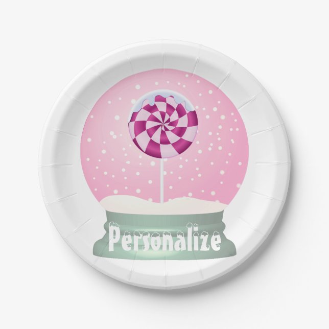 Lollipop snow globe cute pink girl winter paper plates (Front)
