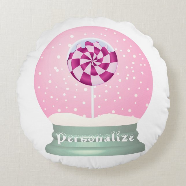 Lollipop snow globe cute pink girl winter round pillow (Front)