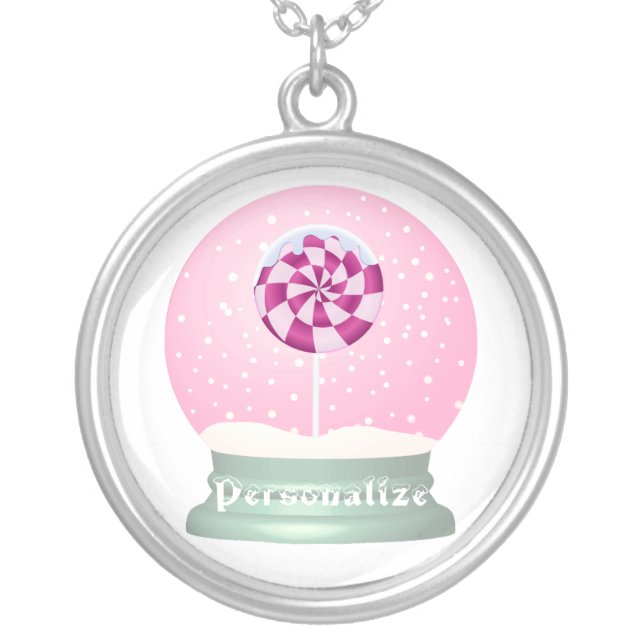 Lollipop snow globe cute pink girl winter silver plated necklace (Front)