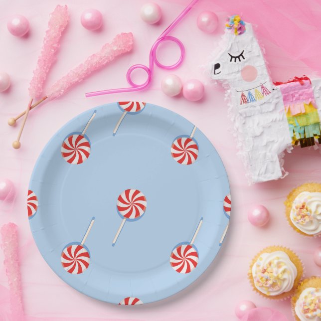 Lollipop Sweet Candy Blue Kids Birthday Party Paper Plates (Party)