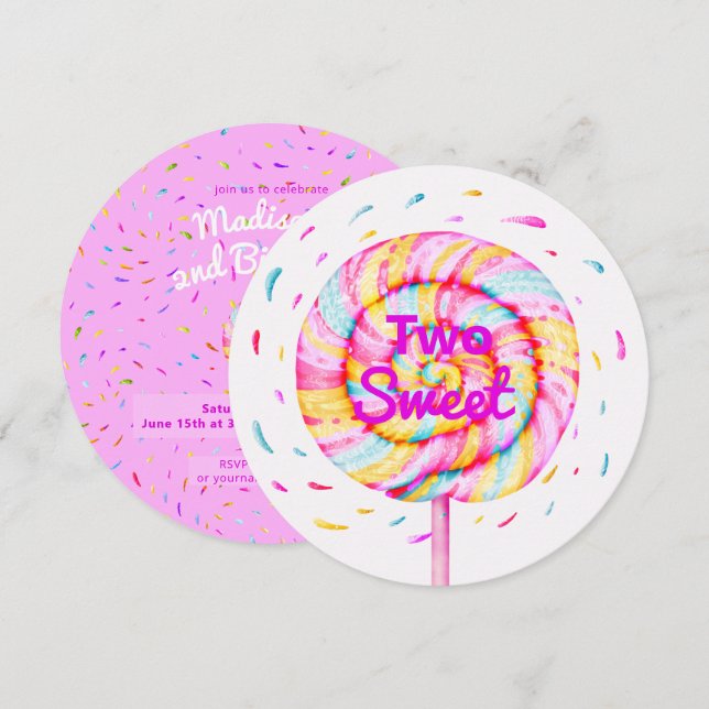 Lollipop Two Sweet Candy Caramel Drops Pink Invitation (Front/Back)