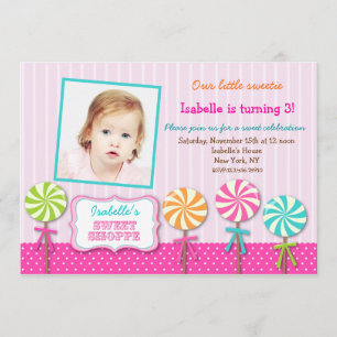 Lollipops Sweet Shoppe Photo Birthday Invitations