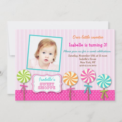 Lollipops Sweet Shoppe Photo Birthday Invitations
