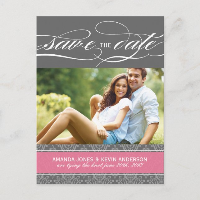 Lolly Pink and Grey Damask Save the Date Announcement Postcard (Front)