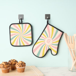 'Lollypop Vibes', retro personalized Oven Mitt & Pot Holder Set