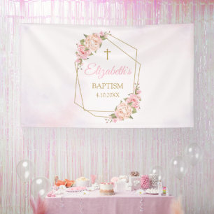 Lona Geometric Pink Floral Baptism Backdrop Banner