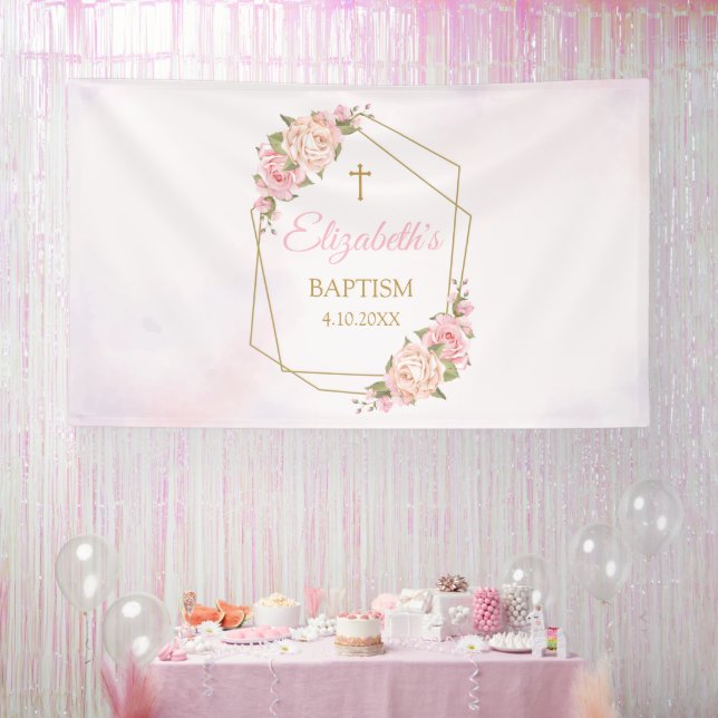Lona Geometric Pink Floral Baptism Backdrop Banner (Party)