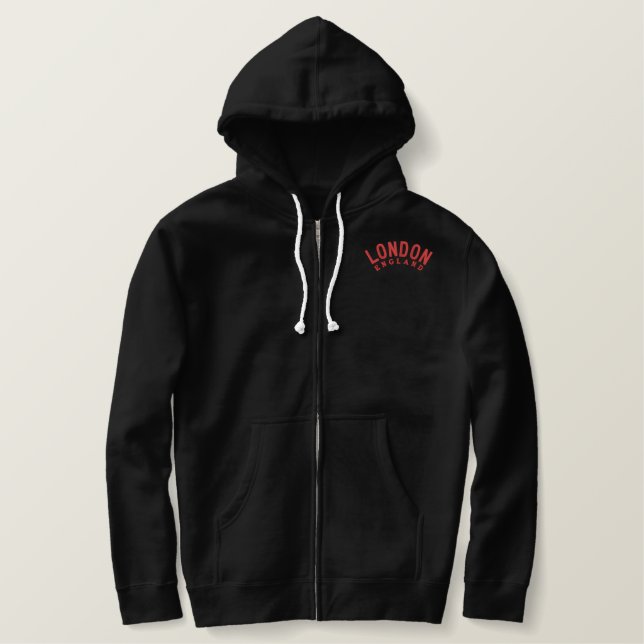 London 10 Embroidered Black Zip Hoodie (Design Front)