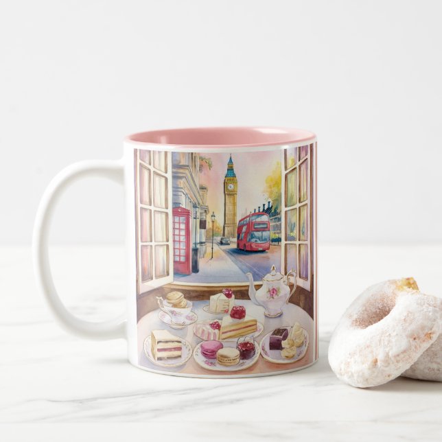 London Afternoon Tea Cake Cafe Delicious Desserts Two-Tone Coffee Mug (With Donut)