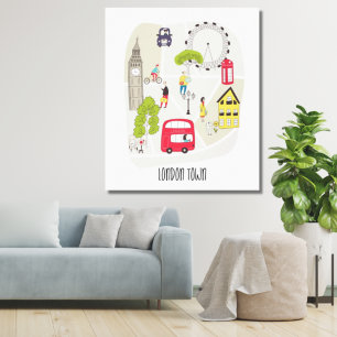 London Artsy Map Cartoon Landmarks People Canvas Print