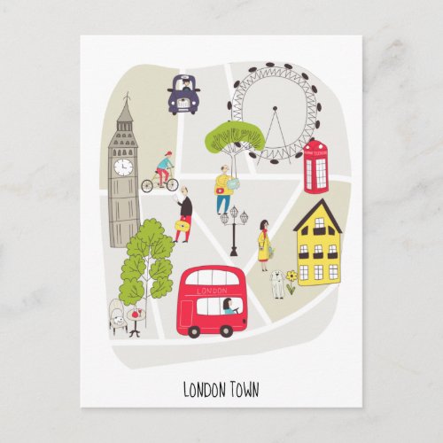 London Artsy Map Landmarks Characters Stylish Postcard