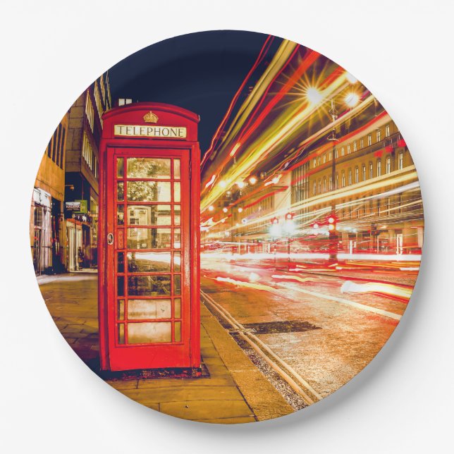 London at Night with British Red Telephone Box Paper Plates (Front)