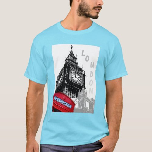 London Big Ben Clock Tower Red Telephone Box  T_Shirt