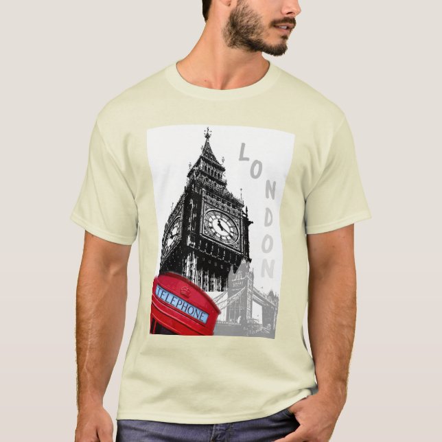 London Big Ben Clock Tower Red Telephone Box Trend T-Shirt (Front)
