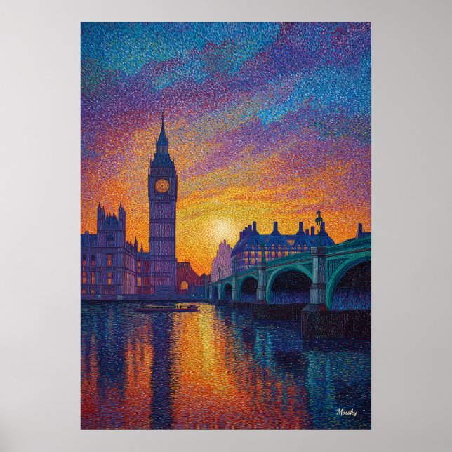 London Big Ben Pointillism Skyline Sunset Art Poster (Front)