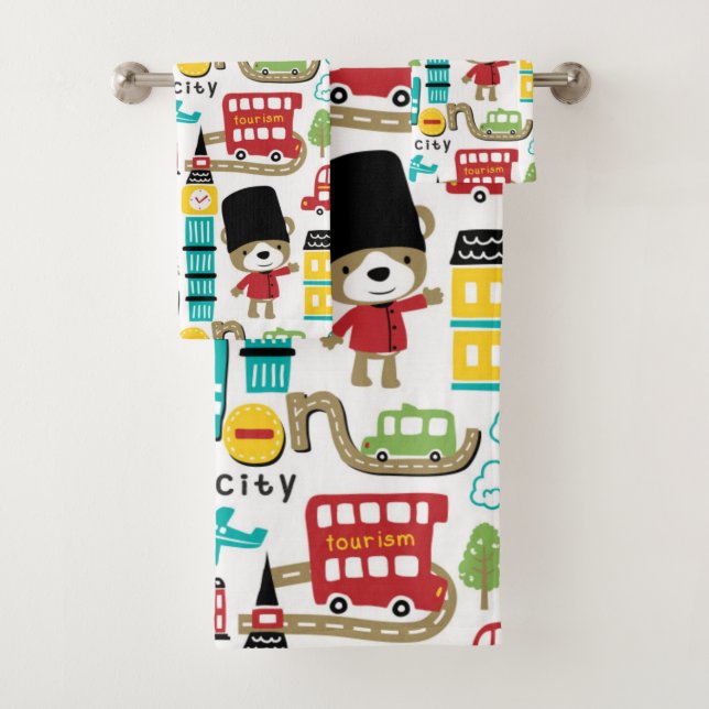 London Big City And Bear Guard Pattern Bath Towel Set (Insitu)