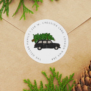 London Black Cab Christmas Tree Taxi Address Classic Round Sticker