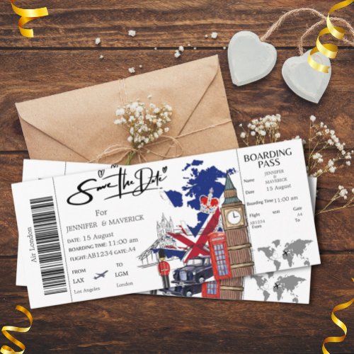  London  boarding pass Save the Date ticket Invitation