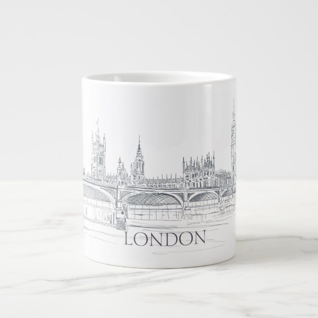 London Bridge and Big Ben Iconic Skyline Sketch Giant Coffee Mug (Front)