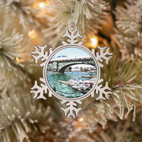 London Bridge at Lake Havasu City Arizona Snowflake Pewter Christmas Ornament