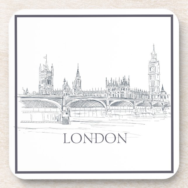 London Bridge Big Ben and Iconic Skyline Sketch Be Beverage Coaster (Front)