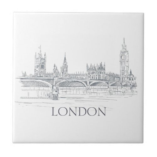London Bridge Big Ben and Skyline Ink Drawing Ceramic Tile