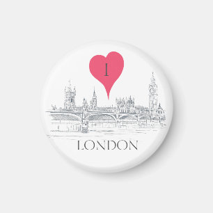 London Bridge Big Ben Pen and Ink with Red Heart Magnet