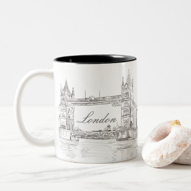 London Bridge Gray Ink Architectural Drawing Two-Tone Coffee Mug (With Donut)