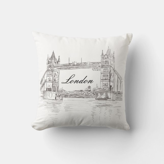 London Bridge Gray Ink architectural illustration Throw Pillow (Front)