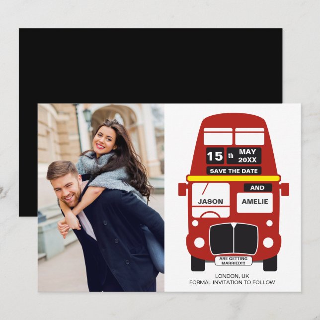 London Bus Save the Date card Photo Black (Front/Back)