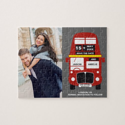 London Bus Save the Date grey Photo Jigsaw Puzzle