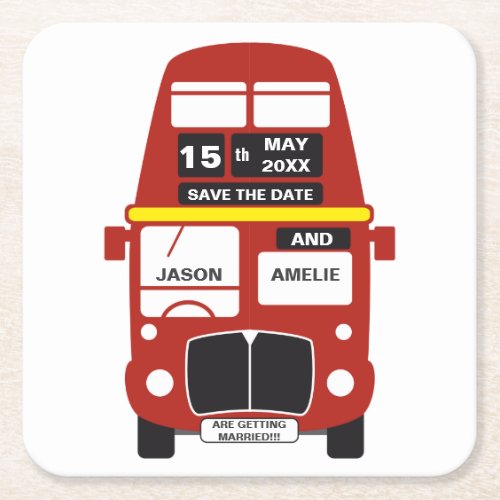 London Bus Wedding Save the Date  Square Paper Coaster