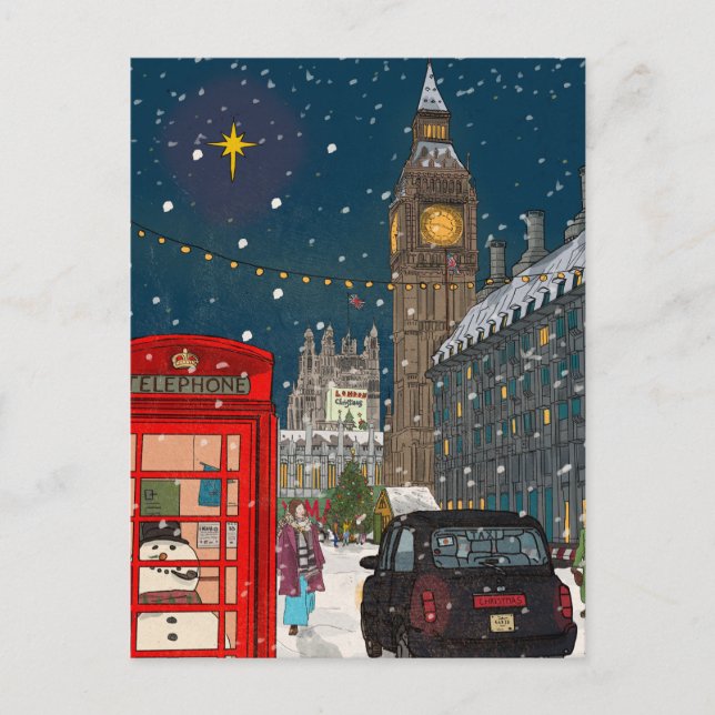 London Christmas Night Cityscape Retro-inspired Holiday Postcard (Front)