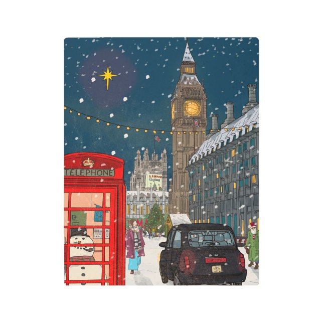 London Christmas Night Cityscape Retro-inspired Metal Print (Front)