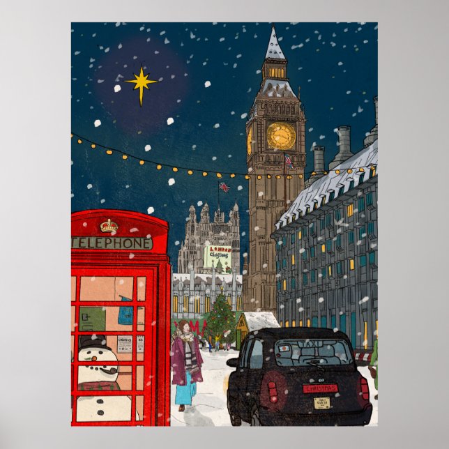 London Christmas Night Cityscape Retro-inspired Poster (Front)