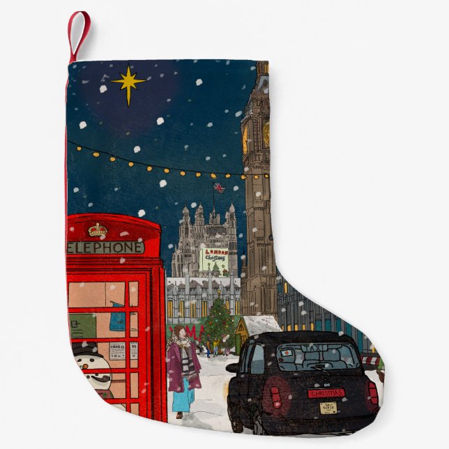 London Christmas Night Cityscape Retro-inspired Small Christmas Stocking (Front)