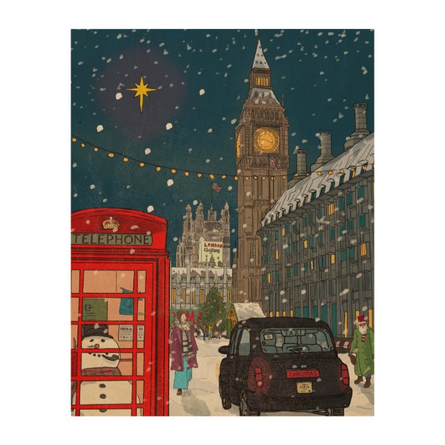 London Christmas Night Cityscape Retro-inspired Wood Wall Art (Front)