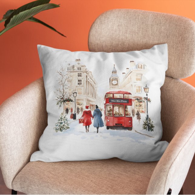 London Christmas Watercolor City Scene Throw Pillow (Creator Uploaded)