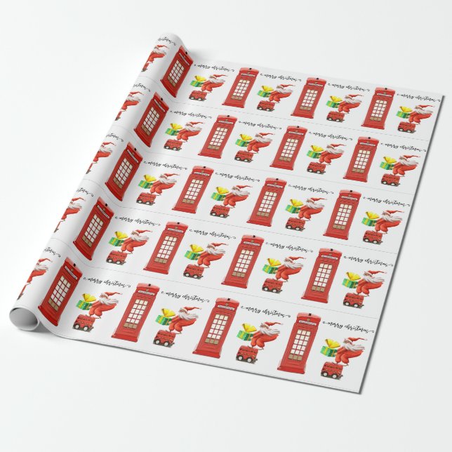 London Christmas with Santa and Telephone booth Wrapping Paper (Unrolled)