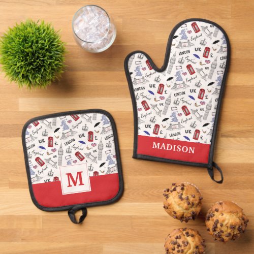 London City Doodles Pattern Oven Mitt  Pot Holder Set