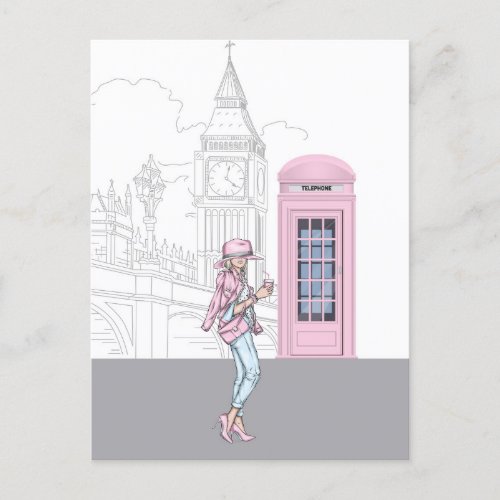 London City Girl with Pink Phone Box  Postcard