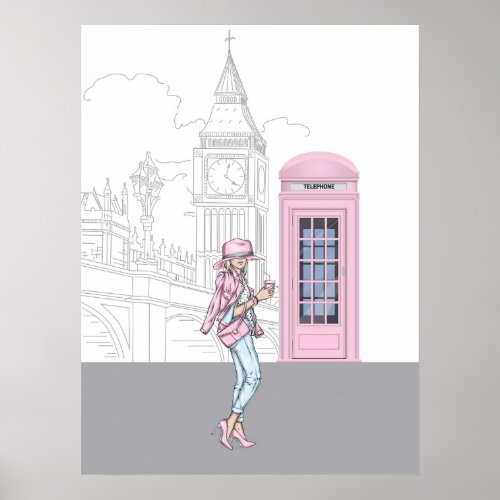 London City Girl with Pink Phone Box Poster