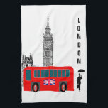 London City Kitchen Towel<br><div class="desc">London city life graphic design with Big Ben, red bus and a gentleman walking the town.</div>