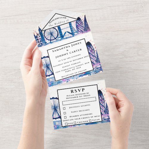 London City RSVP Watercolor Blue Modern Wedding All In One Invitation