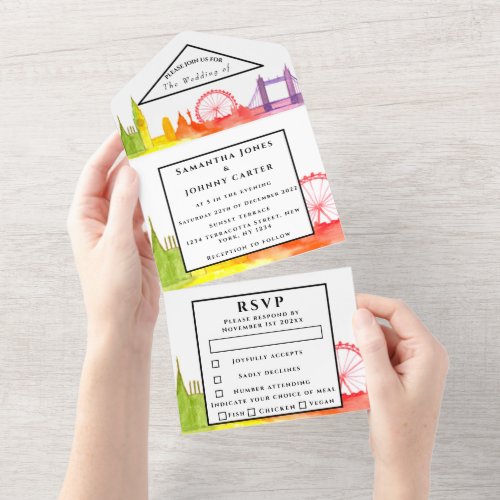 London City RSVP Watercolor Rainbow Modern Wedding All In One Invitation