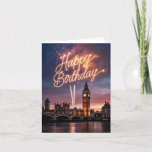 London Cityscape Birthday Greeting with Fireworks  Holiday Card