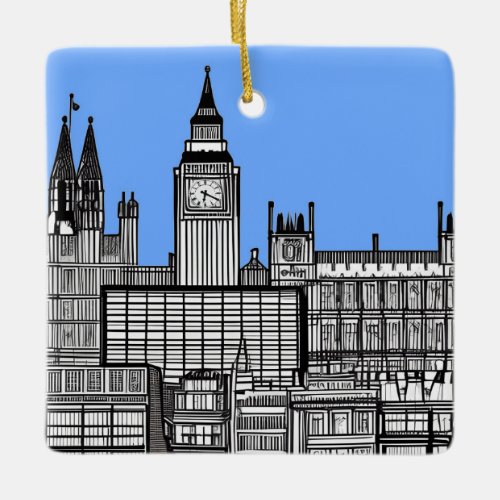 London Cityscape in Black and White with Blue Sky Ceramic Ornament