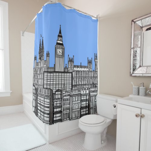 London Cityscape in Black and White with Blue Sky Shower Curtain