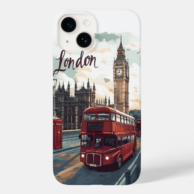 London Cityscape with Double-Decker Bus & Big Ben Case-Mate iPhone Case (Back)